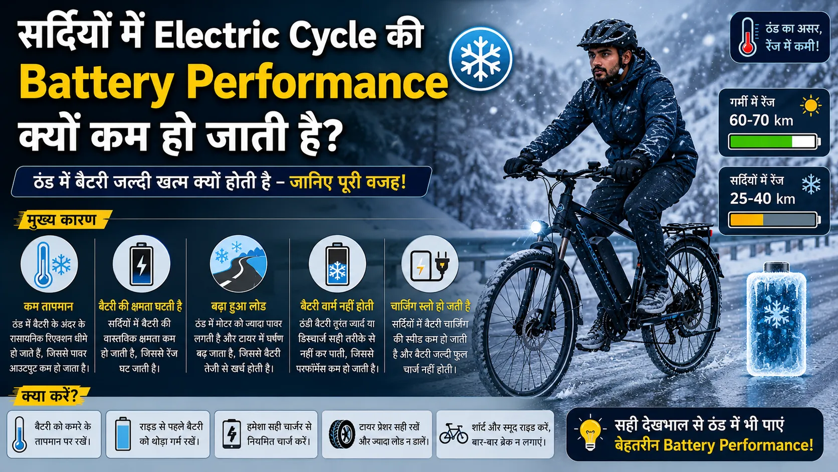 Why does the battery performance of electric cycles decrease in winter