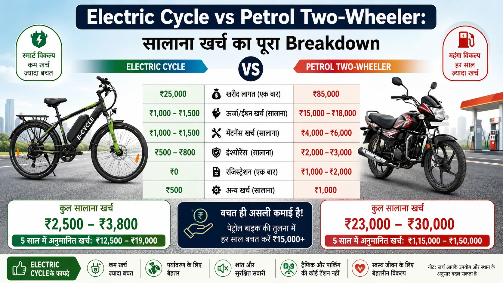 Electric Cycle vs. Petrol Two-Wheeler: Complete Annual Cost Breakdown (2026)