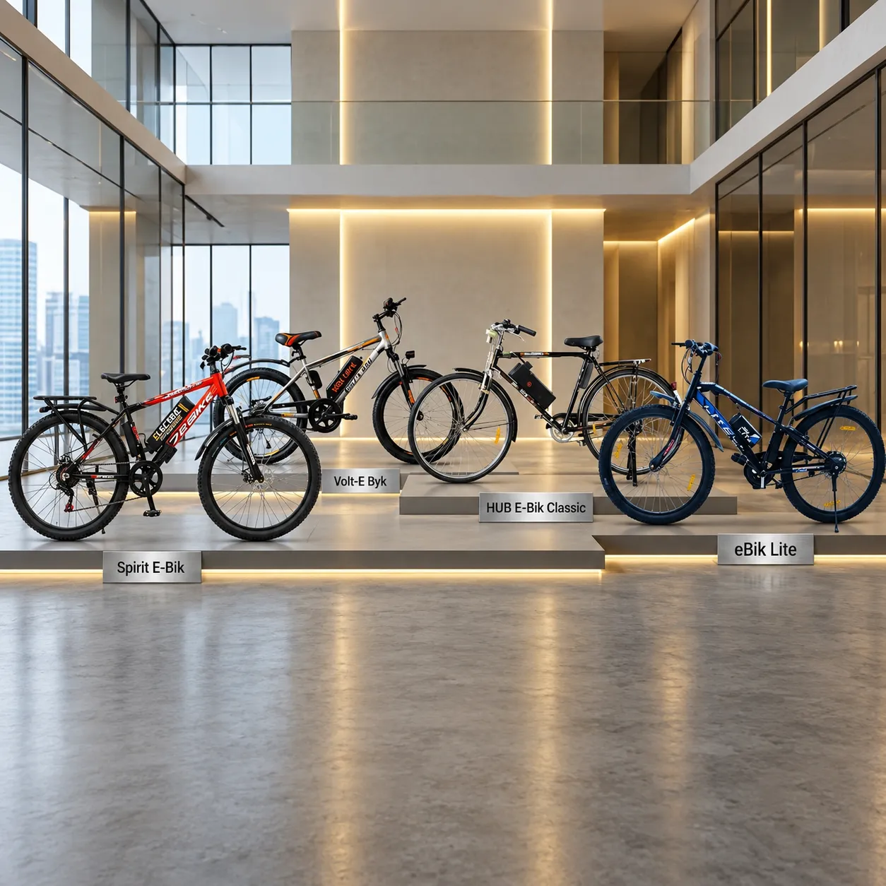 Electric bicycles displayed in a modern showroom